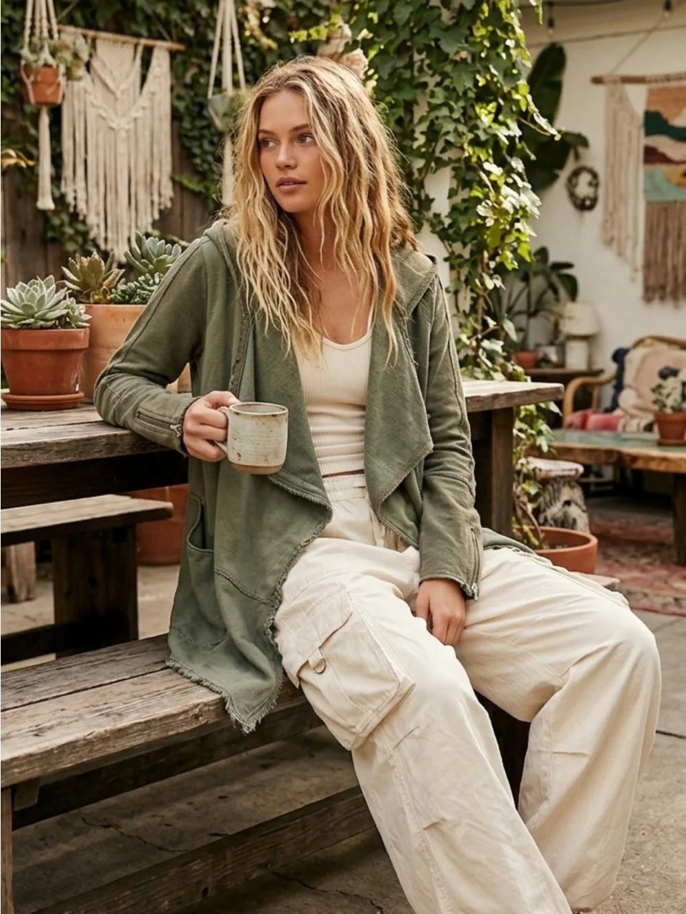 Free People Hooded Snap Draped Cardigan Jacket Size M Linen French Terry Mix - Picture 15 of 15